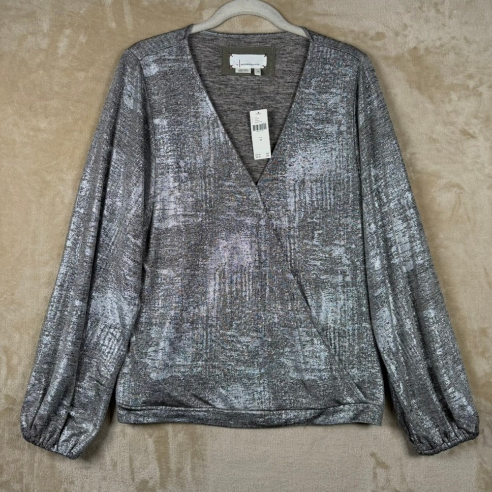 Anthropologie NWT Metallic Silver Foil Wrap V-Neck Balloon Sleeve Top M Holiday